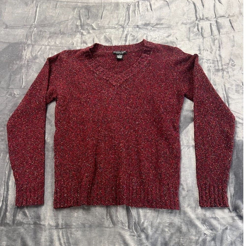 Reference Point Sweater Womens Medium Red Cotton Tight Knit Ribbed V Neck Winter